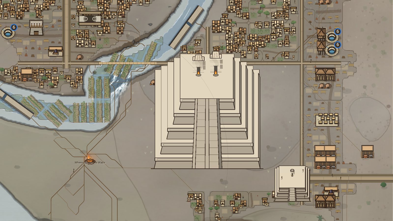 A Mexica city drawn as a woodcut map: a great stepped pyramid, house blocks and raised garden plots along the water.