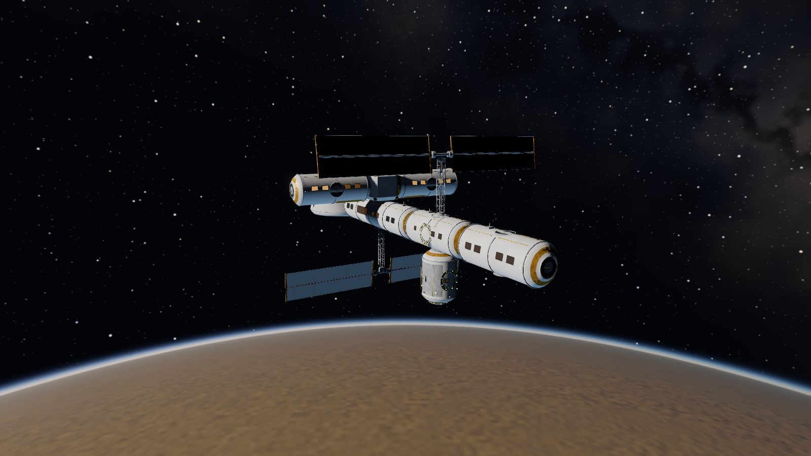 A white modular space station with solar panels, in orbit high above a planet.